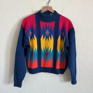 Vintage Nuovo Colorful Aztec Southwestern Print Mock Neck Sweater Medium Cotton